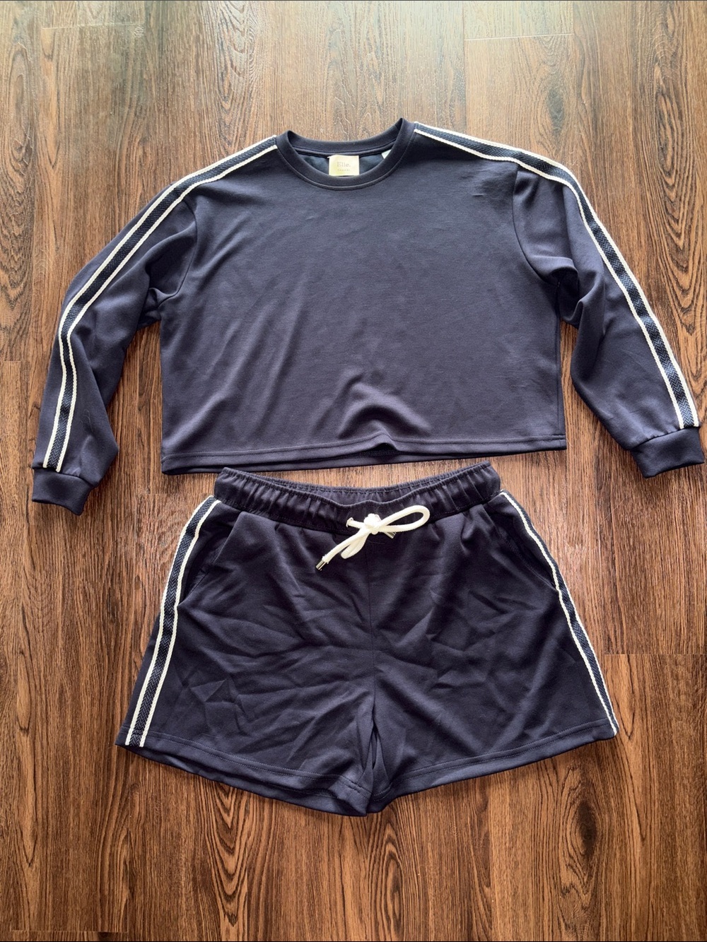 Tahari Navy Lounge Sweathshirt and Drawstring Shorts with White Accents